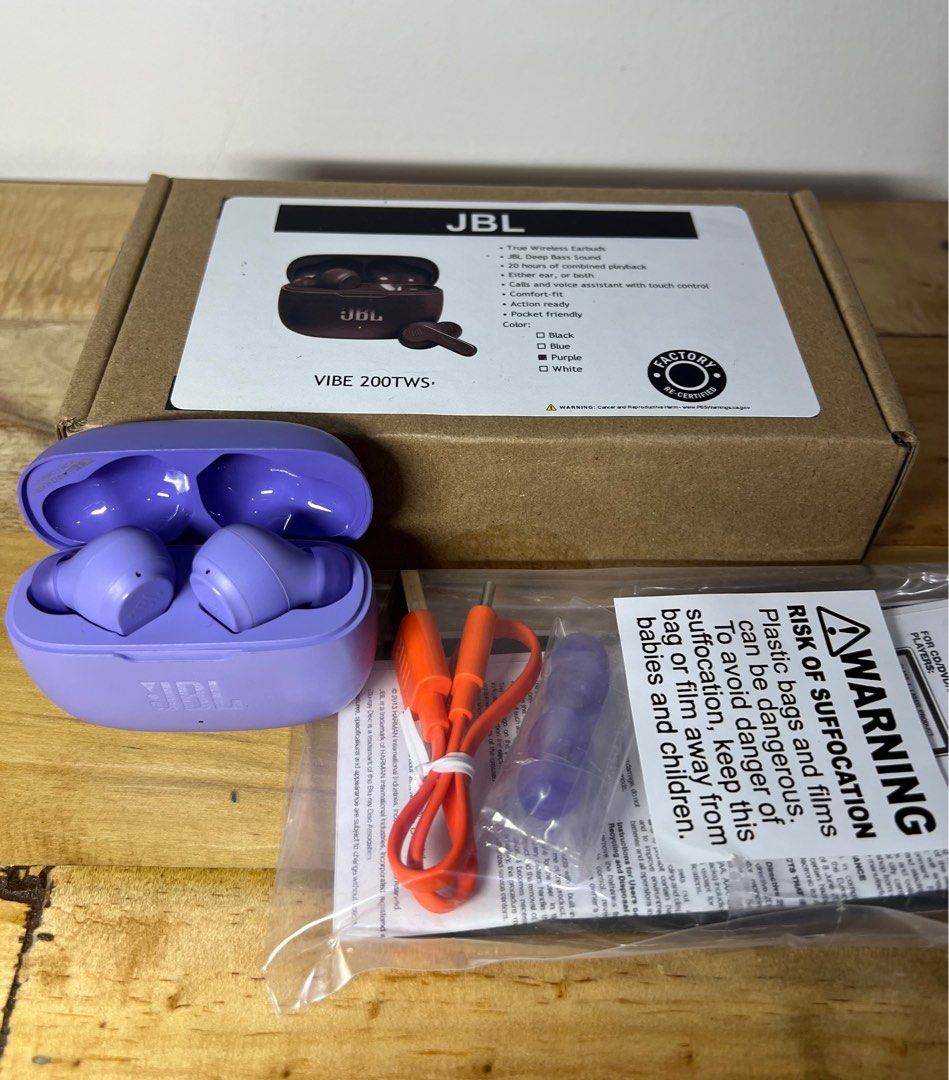 JBL Vibe 200TWS Wireless Earbuds (Purple) (Category: Headphones & Headsets) located in Manila. Submitted by importgoodiesph (Listing ID 1350009147, Image 2). Description: JBL Vibe 200TWS Wireless Earbuds Purple Headset - inclusions: unit, manual, charging cable, extra silicone tips - brand new (factory re-certified) - color: purple Features: - JBL Deep Bass Sound - 20 hours of combined playback - Either ear, or both - Calls and voice assistant wi