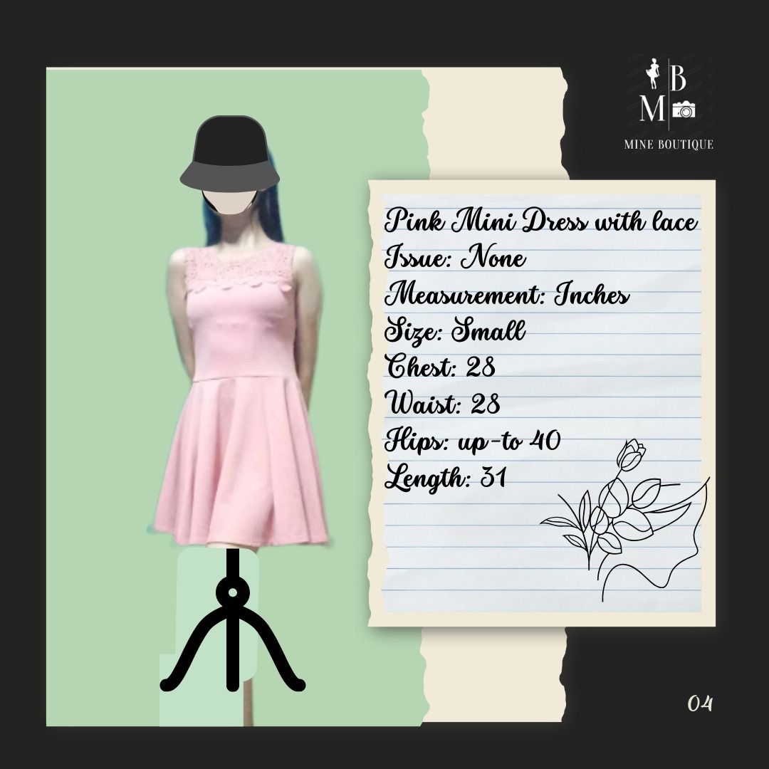 Pink Mini Dress with lace (Category: Dresses) located in Dasmarinas. Submitted by gominebout87666 (Listing ID 1349988105, Image 1). Description: Pink Mini Dress with lace Issue: None Measurement: Inches Size: Small Chest: 28 Waist: 28 Hips: up to 40 Length: 31.