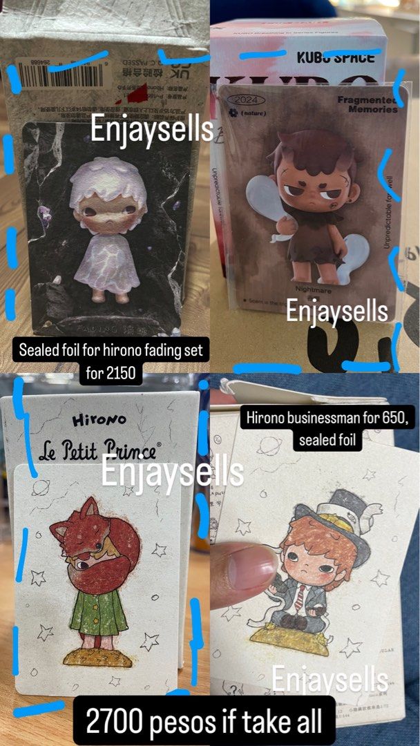 Popmart - Hironos and Kubos (Category: Designer & Blind Box Toys) located in Manila. Submitted by schwarger (Listing ID 1344557666, Image 1). Description: Have: hirono fading, hirono fox, hirono BusinessMan, Kubo Nightmare Hirono fading strictly sold as set..