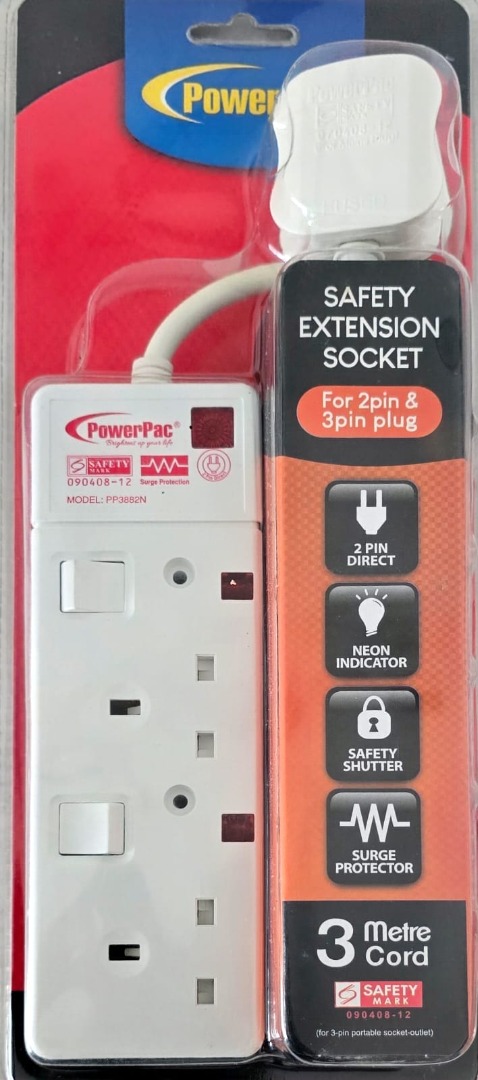 PowerPac Extension Cord, Extension Socket, Power Cord 2 Meter, TV ...