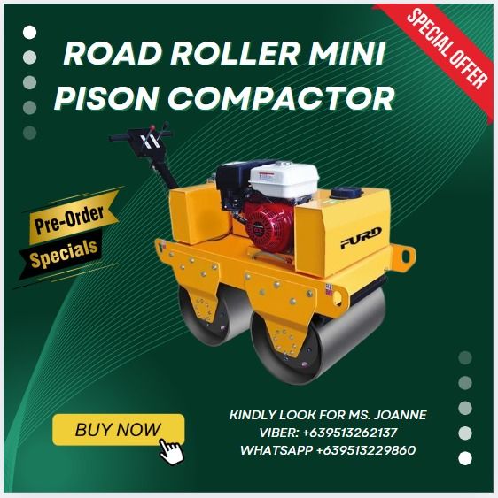 WALK BEHIND VIBRATORY ROAD ROLLERS AIR COOLED DIESEL CF178 (Category: Industrial Equipment) located in Caloocan City. Submitted by annedacey222680 (Listing ID 1349926086, Image 1). Description: Road Roller Mini Pison compactor Honda Gasoline PHP 287,100 Walk speed:0-4km/h Climbing capacity:30% Drive type:Hydraulic Station Vibration Control: Automatic Clutch Static linear load:53N/cm Vibration frequency:70HZ Exciting force:20KN Water tank:20L Hydr