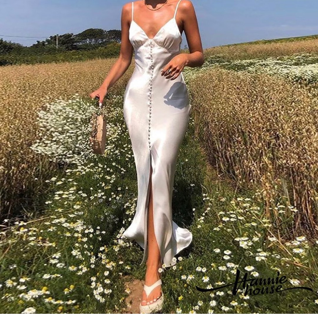 New White Print High Waist Silk Long Dress Sleeveless main image 0