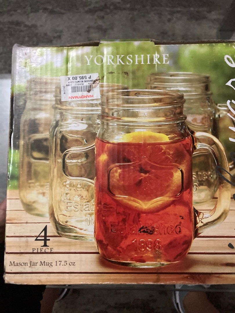 Yorkshire New Mason Jar Mug 4pcs (Category: Other Kitchenware & Tableware) located in Mandaluyong City. Submitted by rominagrace (Listing ID 1350010105, Image 1). Description: New Yorkshire Mason Jar Mug 4 pieces in a box Original price 595, selling for 450 only.