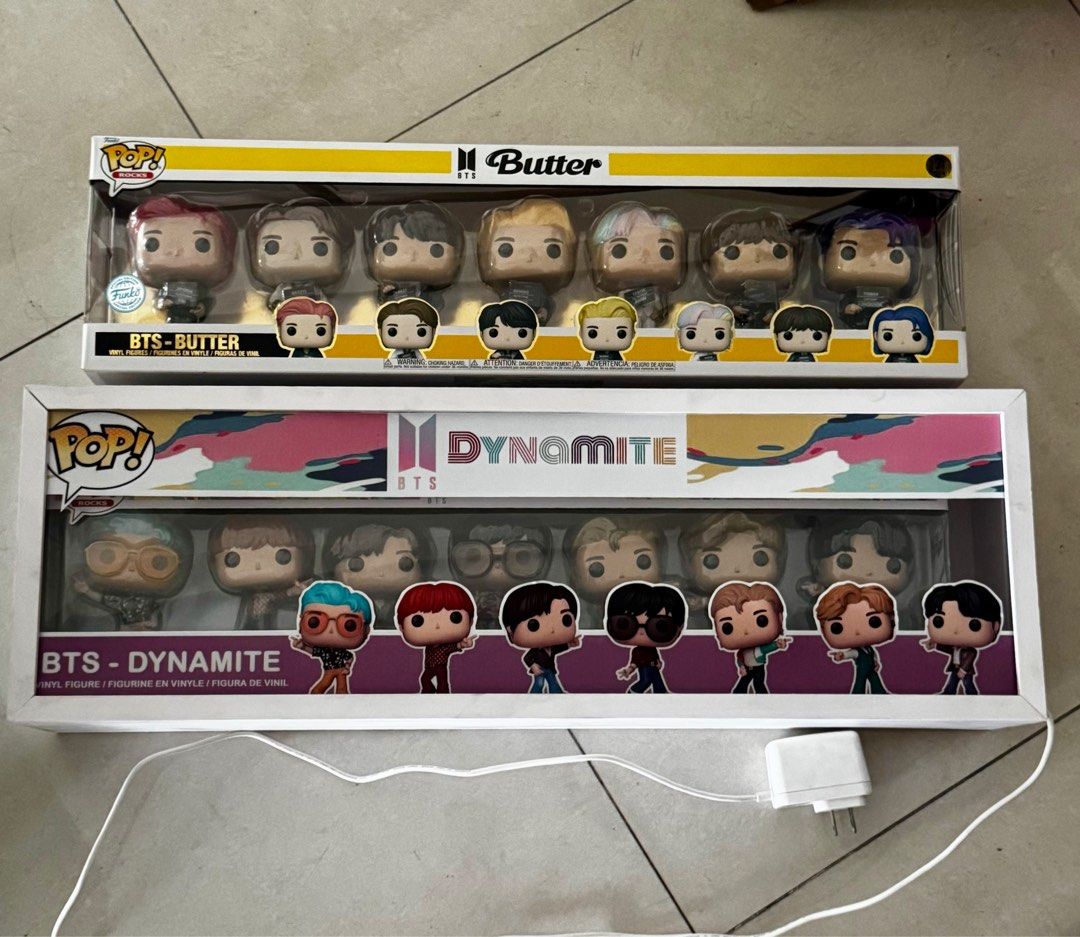 BTS dynamite and butter funko pop! sets (w/ light-up case) (Category: Designer & Blind Box Toys) located in Quezon City. Submitted by g1rlsc0ut21 (Listing ID 1350082624, Image 1). Description: ARMY CHINGGU, BUNDLE DEAL for you! 💜🫰🏻 BTS funko pop! box sets boxed dynamite set of 7 and boxed butter set of 7 - rm, jin, suga, j-hope, jimin, v, jungkook dynamite box set comes with a light-up storage box (ready to plug to any 220 socket) funko pop fi
