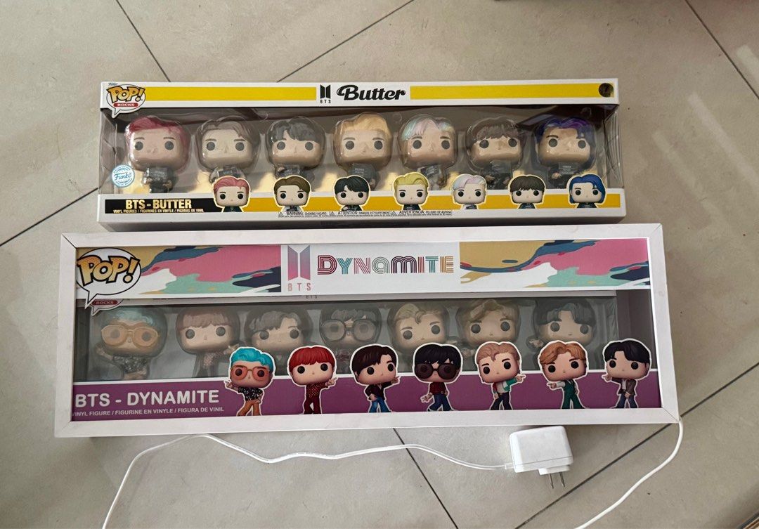 BTS dynamite and butter funko pop! sets (w/ light-up case) (Category: Designer & Blind Box Toys) located in Quezon City. Submitted by g1rlsc0ut21 (Listing ID 1350082624, Image 2). Description: ARMY CHINGGU, BUNDLE DEAL for you! 💜🫰🏻 BTS funko pop! box sets boxed dynamite set of 7 and boxed butter set of 7 - rm, jin, suga, j-hope, jimin, v, jungkook dynamite box set comes with a light-up storage box (ready to plug to any 220 socket) funko pop fi
