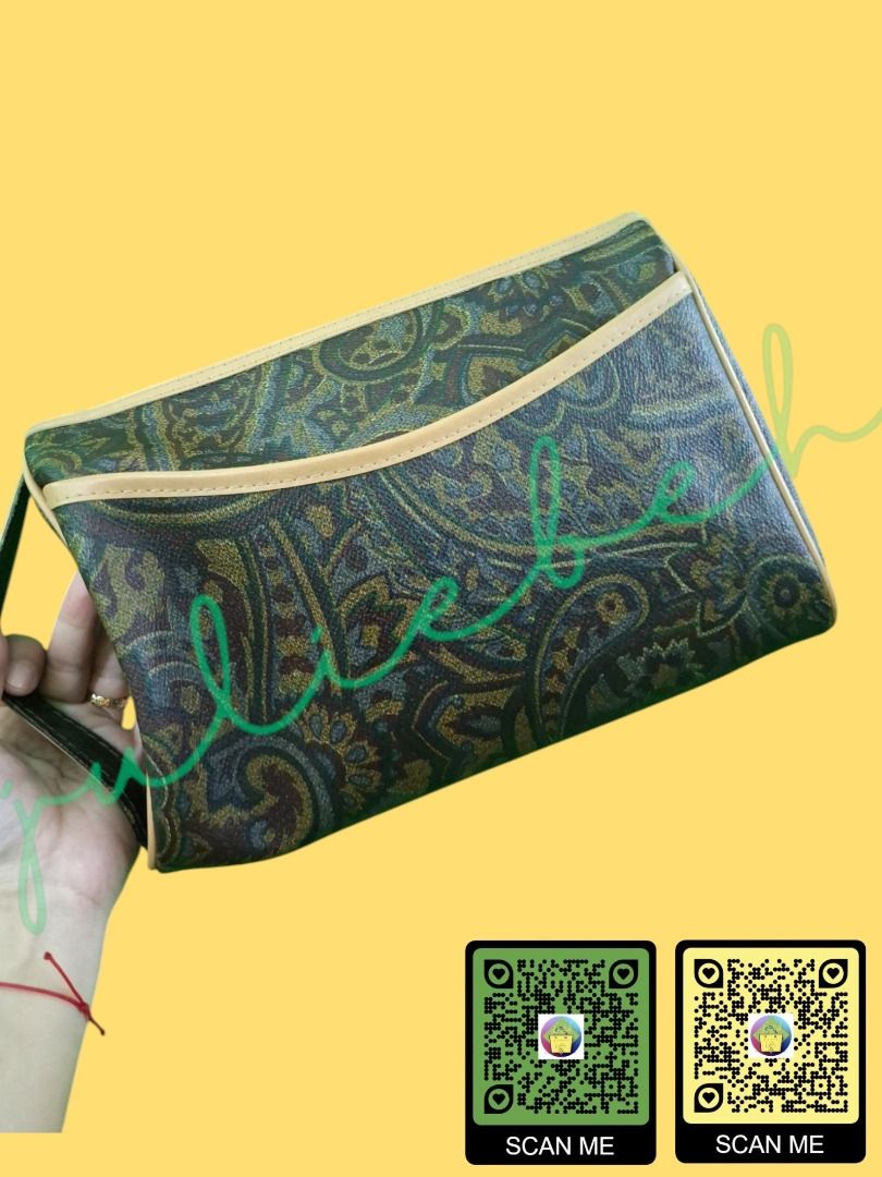Clutch Pouch Paisley Pouch - PRELOVED (Category: Clutches) located in Bulacan. Submitted by juliebeh (Listing ID 1350222787, Image 1). Description: Item- Clutch Pouch On tag- no brand Size approx-HxLxBase(inches)- 7x10x2(widest part) Strap- removable: no, adjustable: no Color- Paisley brown+beige Material- PVC Hardware- coated beige with scratches Inner Lining- brown pvc type Main Closure- zip Main Compartment- 1 pockets inside- none Outer Compar