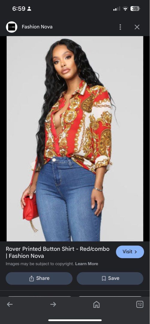 Fashion Nova Red and Gold (Category: Blouses) located in Baliuag. Submitted by celyth (Listing ID 1350195756, Image 3). Description: Used twice only. Small on tag but can fit up to medium RFS: Declutter .