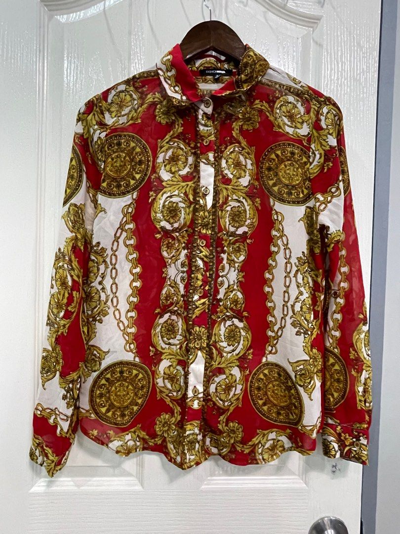 Fashion Nova Red and Gold (Category: Blouses) located in Baliuag. Submitted by celyth (Listing ID 1350195756, Image 2). Description: Used twice only. Small on tag but can fit up to medium RFS: Declutter .
