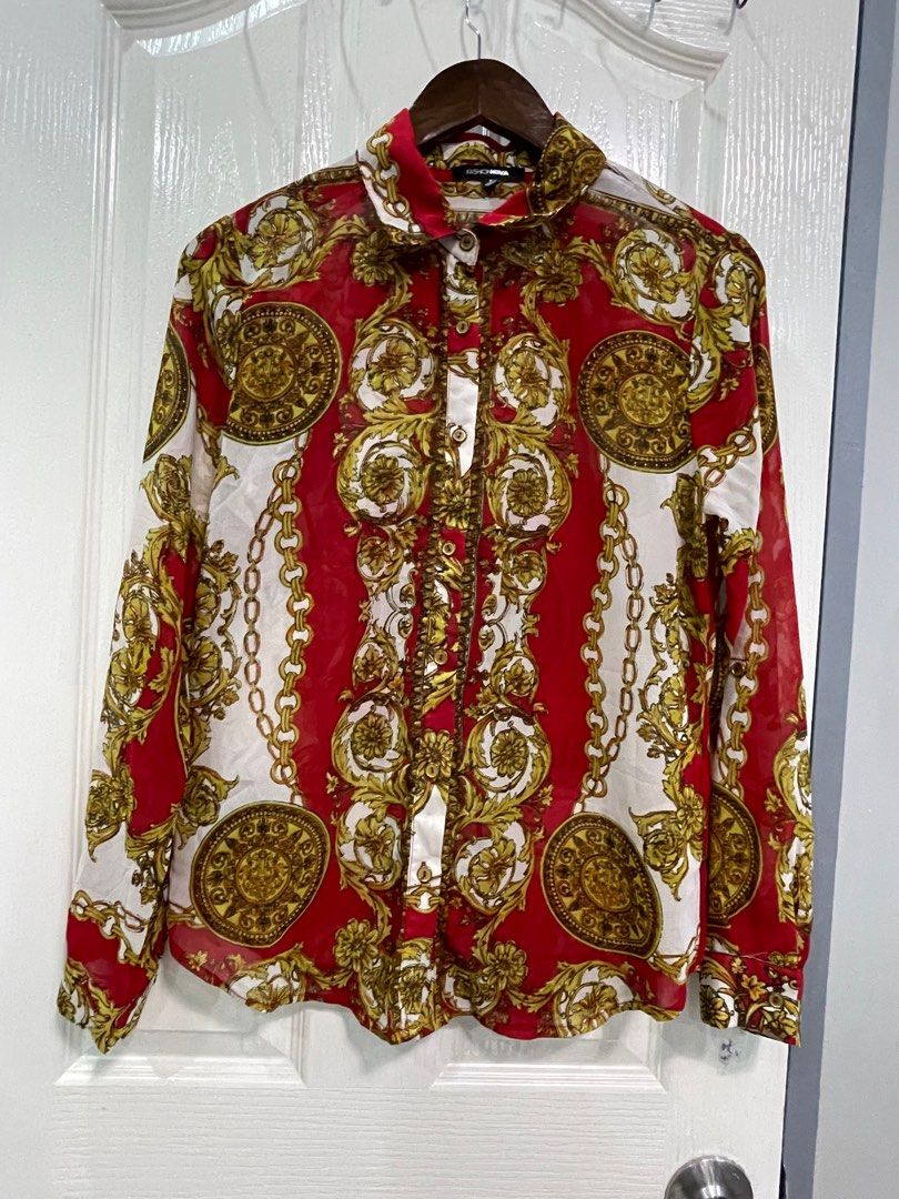 Fashion Nova Red and Gold (Category: Blouses) located in Baliuag. Submitted by celyth (Listing ID 1350195756, Image 1). Description: Used twice only. Small on tag but can fit up to medium RFS: Declutter .