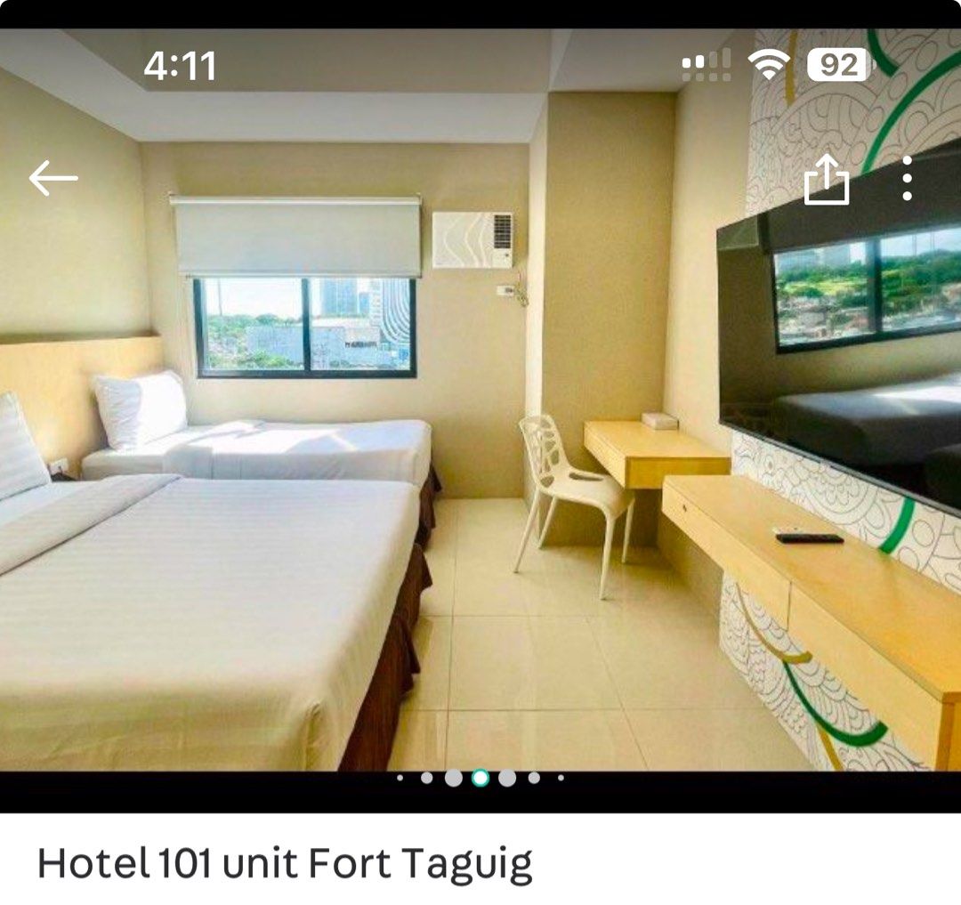 Hotel 101 Fort (Category: Apartments & Condos) located in Taguig. Submitted by jnamd (Listing ID 1350135567, Image 2). Description: Income generating condo (passive income through hotel revenue share) around 16-17k a month income + 10 free stays in any branch of hotel 101 including Madrid, Spain hotel 101 (opened already since May 2026) and Niseko Japan by December 2026. Maintenance by hotel 101 group (double dragon). Cebu and Davao hotel 101 als