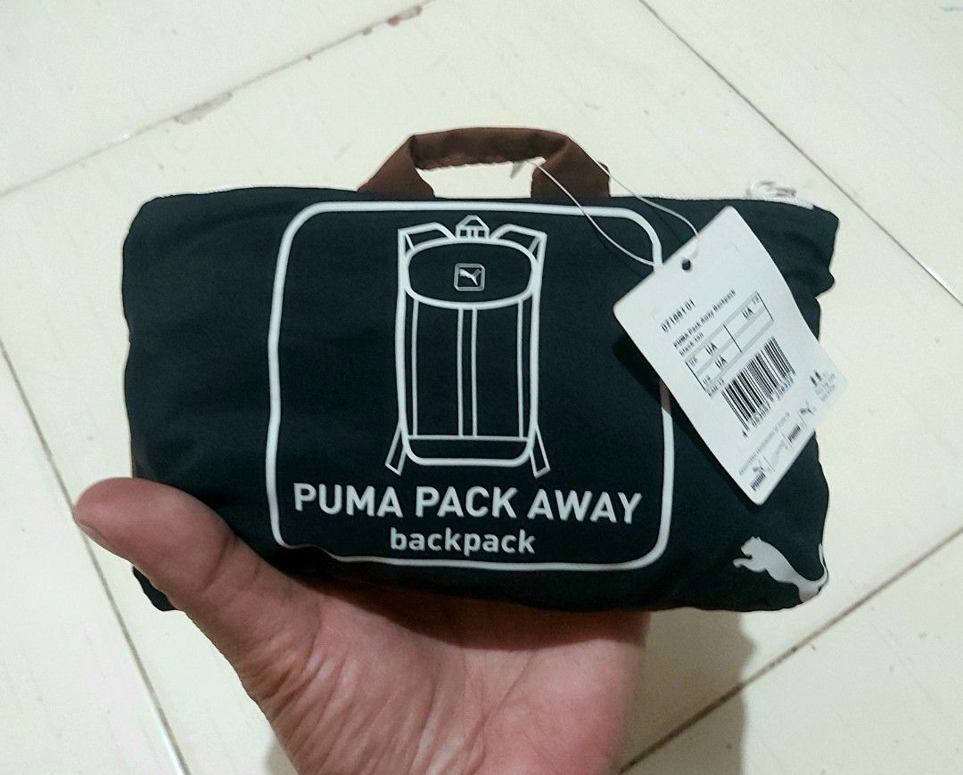Puma Packaway Backpack (Brand New) Packable Backpack (Category: Luxury Bags & Wallets) located in Muntinlupa City. Submitted by aldridge2020 (Listing ID 1350132841, Image 1). Description: Puma Packaway Backpack Packable Backpack (Brand New) Folds into a mesh pocket when not in use Main compartment with zip closure Hidden zipped front compartment Mesh side pocket Made from polyester2 cushioned shoulder straps Puma logo Dimensions: H:47 x W:34 x D: