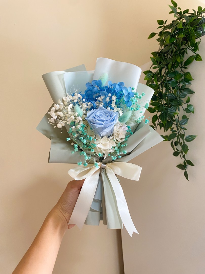 Single Stalk Preserved Big Blue Rose Flower Bouquet - Sage Green ...