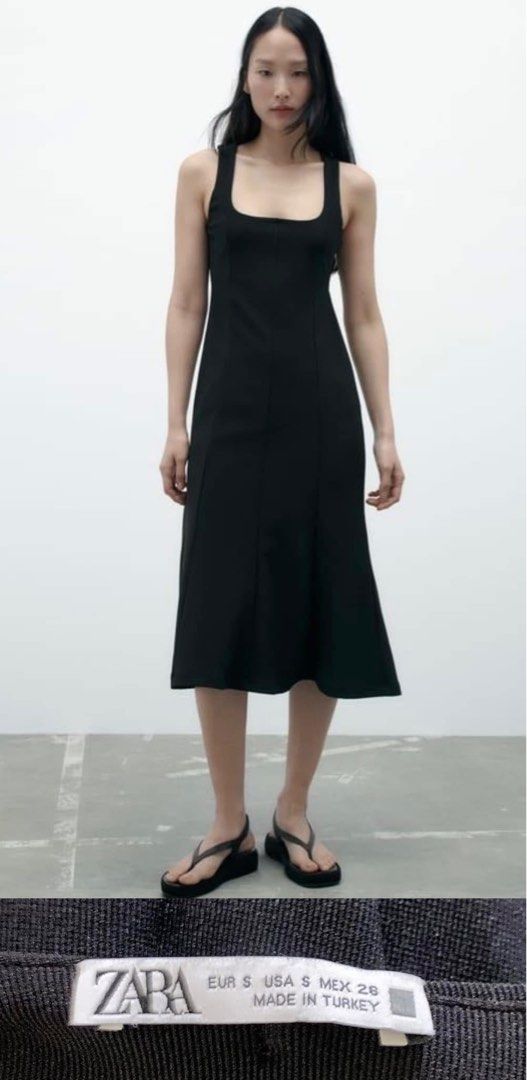 Zara Ottoman Midi Dress (Category: Dresses) located in Manila. Submitted by emercadejas (Listing ID 1350127734, Image 1). Description: Size small on tag. A little stretchable. A classic black dress. Can be paired with anything! RFS. I love the style but it doesn’t suit with my height. 🥹.