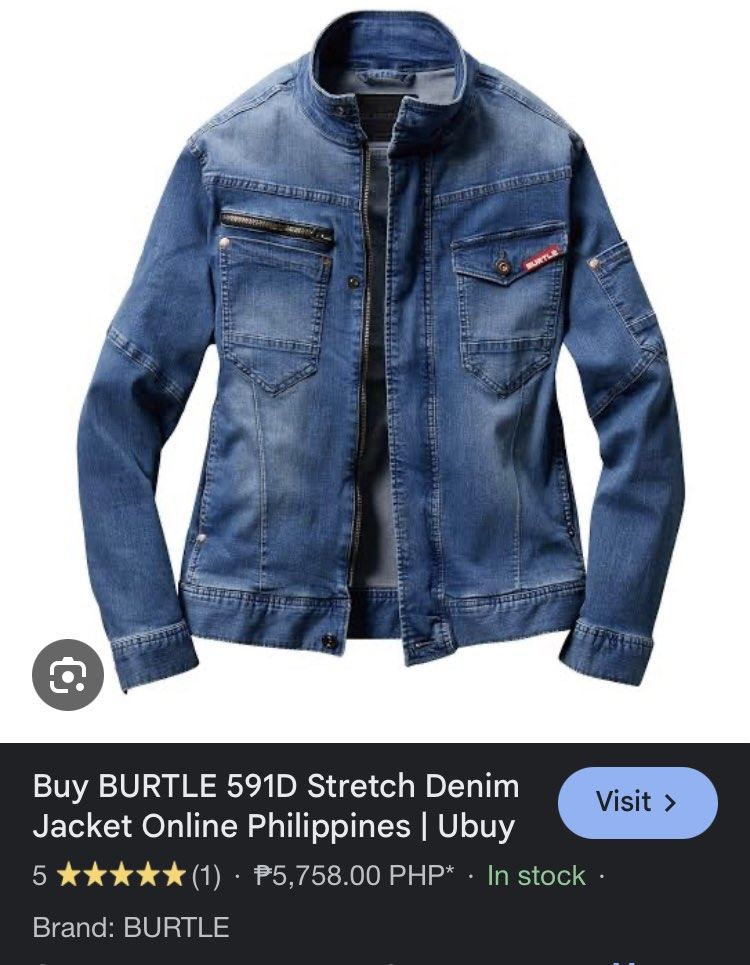 BURTLE 591D Contactless Stretch Denim Jacket (Category: Coats, Jackets and Outerwear) located in San Simon. Submitted by thriftdeal3r (Listing ID 1345246807, Image 2). Description: (Great for motorcyclists) Shoulders: 18 Width: 20 Length: 26 Sleeves: 23 Waist: 16 No Issue Color rate: 9/10 Excellent condition Plus shipping Courier: J&T.