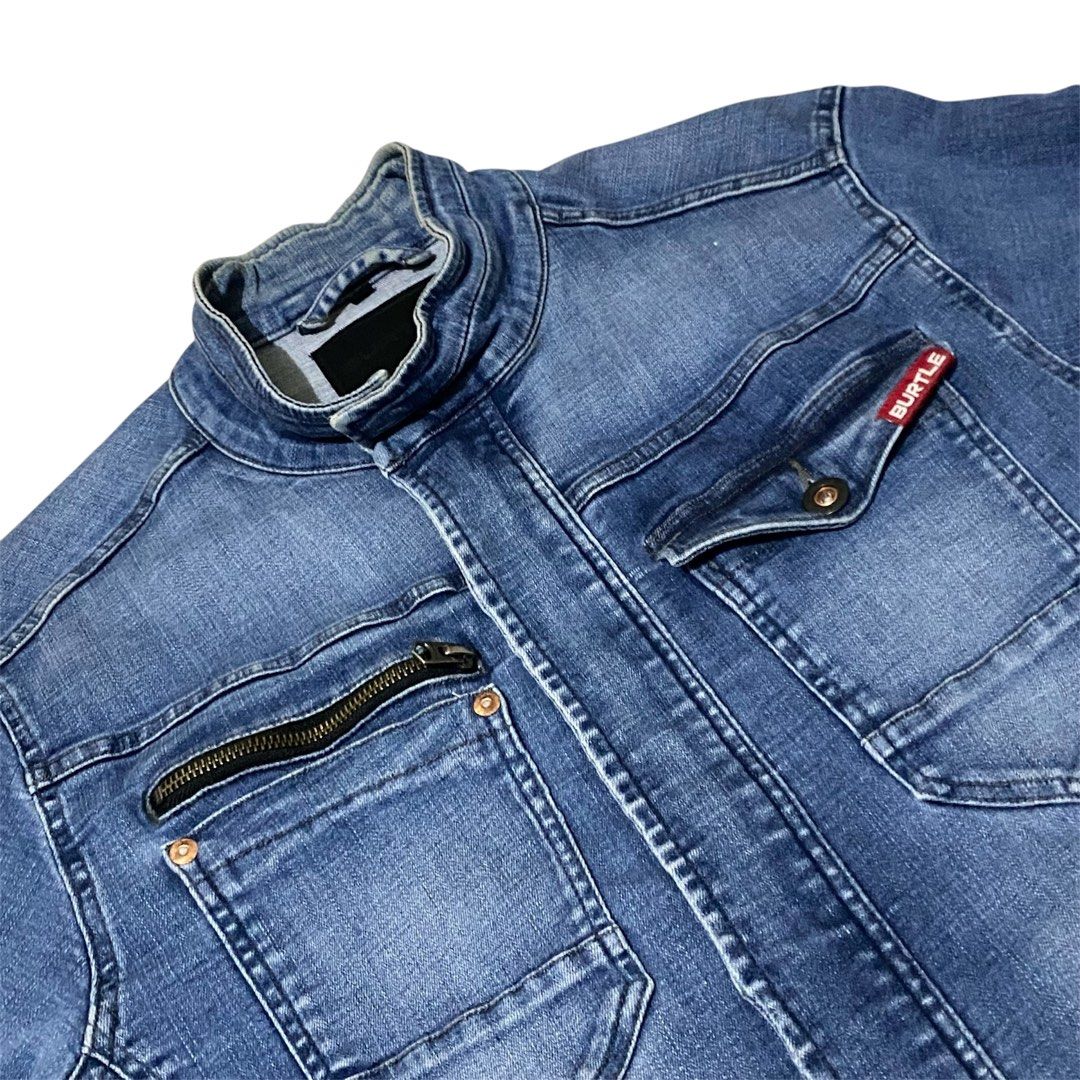 BURTLE 591D Contactless Stretch Denim Jacket (Category: Coats, Jackets and Outerwear) located in San Simon. Submitted by thriftdeal3r (Listing ID 1345246807, Image 3). Description: (Great for motorcyclists) Shoulders: 18 Width: 20 Length: 26 Sleeves: 23 Waist: 16 No Issue Color rate: 9/10 Excellent condition Plus shipping Courier: J&T.