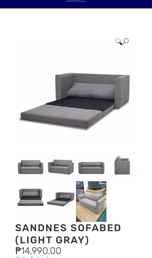 Gray Sofa Bed (Category: Sofas) located in Makati City. Submitted by anabananarama (Listing ID 1345269463, Image 2). Description: Cleaned regularly With signs of use: •Piling of armrest fabric •Slight sagging of sofa seat Works great as a sofa bed for small spaces There is no damage found that would cause problems with use, and the product is in good condition for continued use. Pick up at Makati Helping tags: Ikea, Sleeper Sofa, Minimalist.