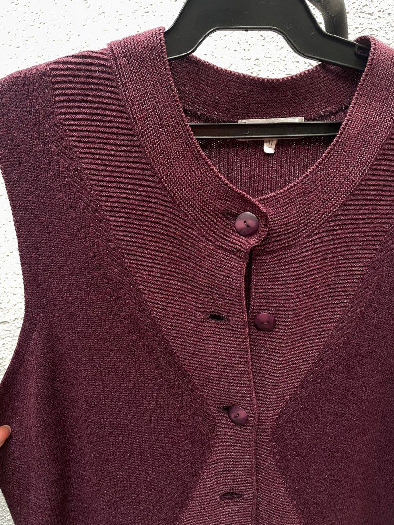 Knitted Vest [thrifted] (Category: Sleeveless) located in Pasig City. Submitted by karughstuff (Listing ID 1345201940, Image 2). Description: P350 - violet knitted material - complete buttons btw - bought at a flea market for P500 - rfs: not my style anymore 🛍️🛍️ discount if you’re buying more than 1 item payment: gcash, bpi, bdo shipping: ggx, grab, lalamove meetup: bgc (fort strip/oneboni area).