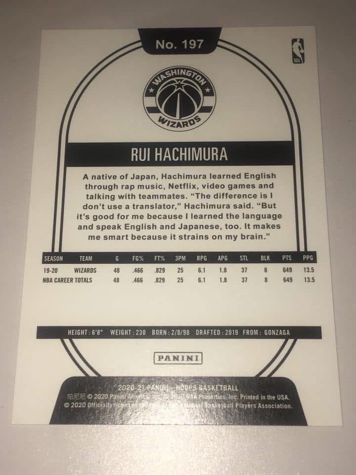 2020-21 Panini NBA Hoops - [Base] #197 Rui Hachimura (Category: Raw Singles) located in Quezon City. Submitted by collectionneursonline88 (Listing ID 1345248196, Image 2). Description: 🔄 Meetups Balintawak Camachile 7/11 Quezon City 🛵 Shipping : - Lalamove ( except Provincial) - Flash Express - GogoExpress - LBC 📥 Payment : cash on meetups Gcash Washington Wizards.
