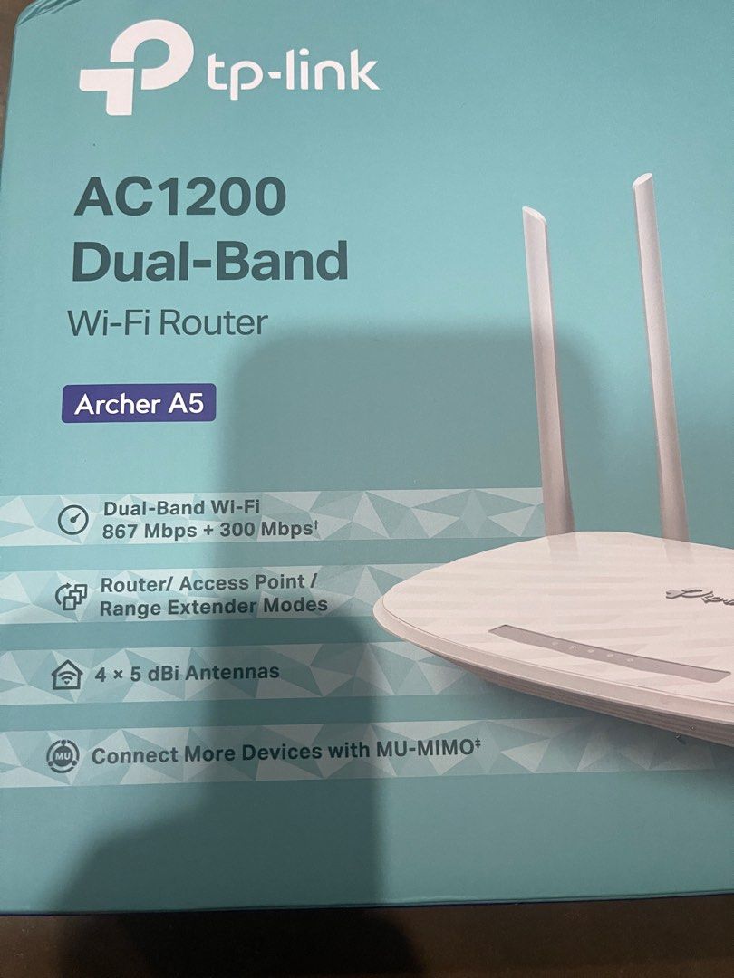 Tp-link Router (Category: Other Accessories) located in Manila. Submitted by declutter_mnr (Listing ID 1345268583, Image 3). Description: Tp-link AC1200 Dual-Band Wi-Fi Router Archer A5 Complete inclusion with LAN cable item was opened to check if its working RFS: incorrectly bought 2 items Meet up at SM Manila/SM San Lazaro If thru Grab/Lalalove, Delivery will be shouldered by buyer.