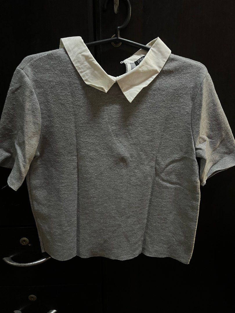 Zara gray knit top with white collar (Category: Others Tops) located in Quezon City. Submitted by daniellearienne (Listing ID 1345219312, Image 1). Description: - in good condition - fits xs-small mop: gcash, gotyme, bdo mod: grab/lalamove, lbc.