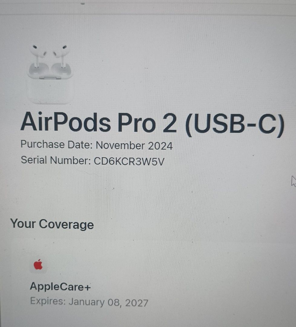 Airpods pro 2 TYPE C WITH APPLE COVERAGE (Category: Earphones) located in Manila. Submitted by omomo1 (Listing ID 1350001318, Image 2). Description: brand new sealed premium Ç0pY cl0se to orig.