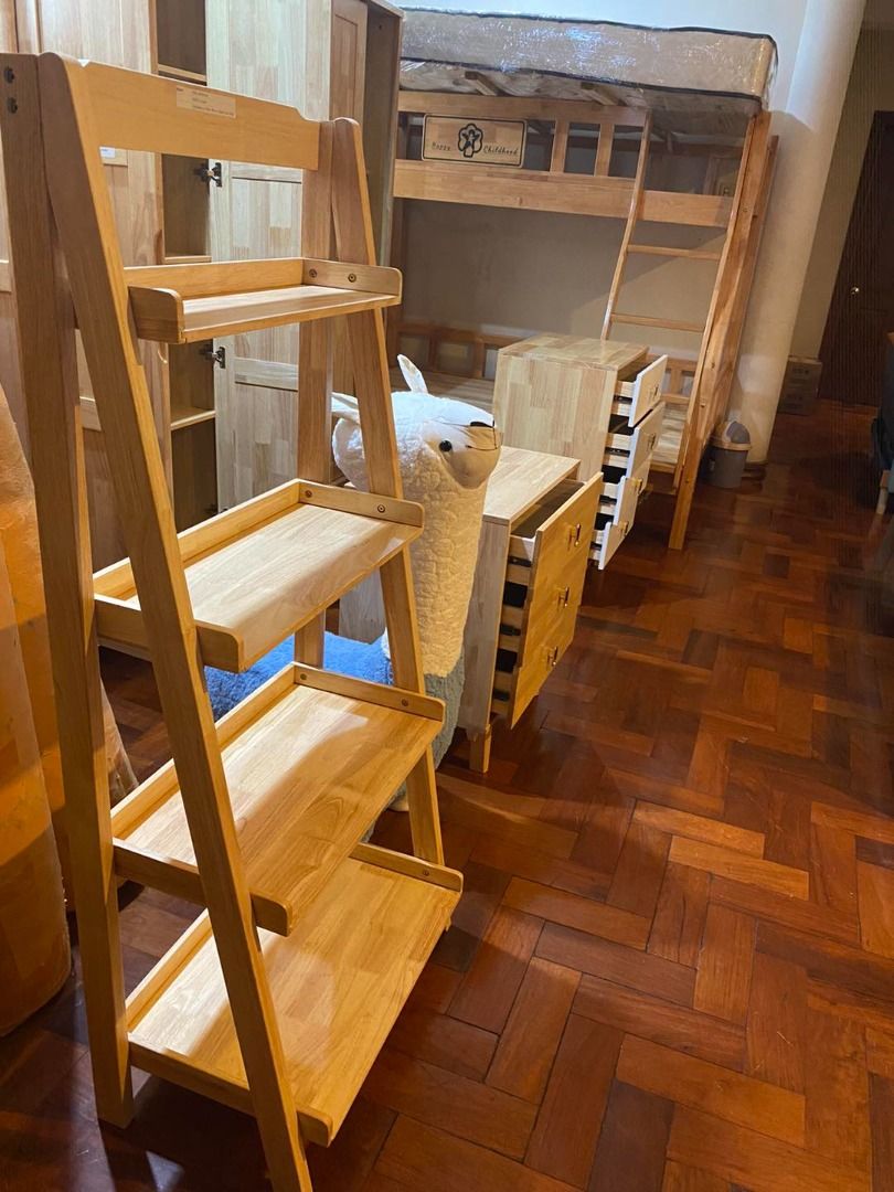 Display storage rack (4 Tier wood Bookshelf Tower) (Category: Shelves, Cabinets & Racks) located in Manila. Submitted by kaden_chicvista (Listing ID 1350240020, Image 3). Description: Ladder bookcase, Floor standing display storage Rack Have an Aesthethic look on your home with our Wooden Display Rack Made of Solid Thailand Rubber wood Excellent craftmanship and sturdy built Available wood and walnut color..