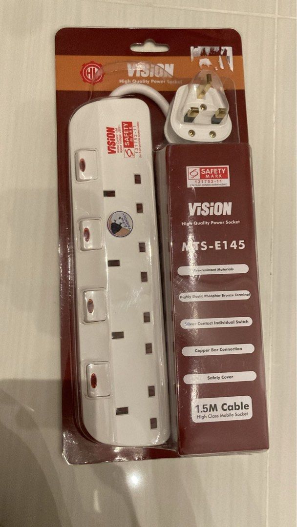 Extension Socket (Category: Electrical, Adaptors & Sockets) located in Singapore. Submitted by bizyeo (Listing ID 1350328963, Image 1). Description: Safety mark 1.5 m long 4-socket power strip with red LED indicator for power status..