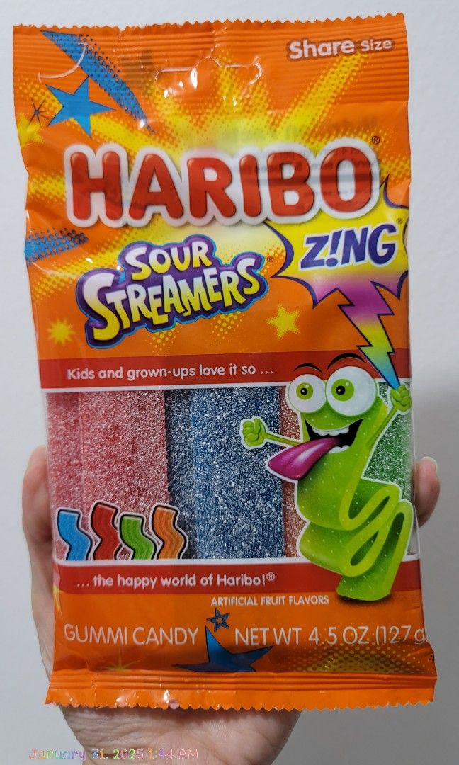 HARIBO Sour Streamers Gummi Candy 127g (Category: Packaged & Instant Food) located in Caloocan City. Submitted by authentic_shop1 (Listing ID 1350371002, Image 1). Description: 📌Last price posted 😊 ❎No returns & refund. Sales are FINAL.😊 ❎No meet-ups. ❎No rush shipping. 📌First to pay, gets the item. 📌Shipping to be shouldered by Buyer.