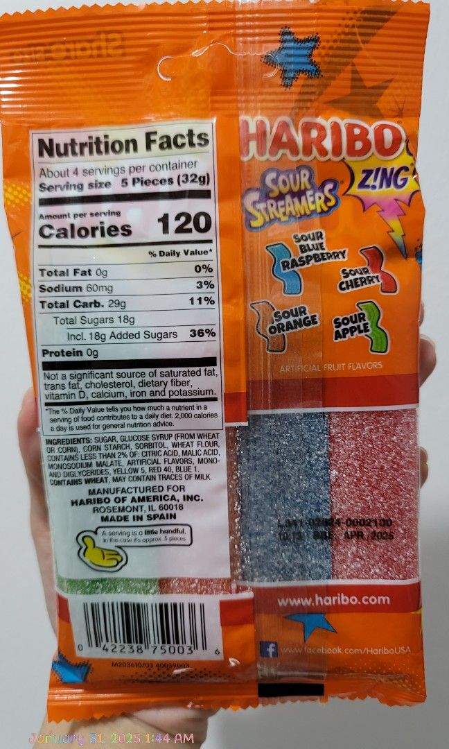 HARIBO Sour Streamers Gummi Candy 127g (Category: Packaged & Instant Food) located in Caloocan City. Submitted by authentic_shop1 (Listing ID 1350371002, Image 2). Description: 📌Last price posted 😊 ❎No returns & refund. Sales are FINAL.😊 ❎No meet-ups. ❎No rush shipping. 📌First to pay, gets the item. 📌Shipping to be shouldered by Buyer.