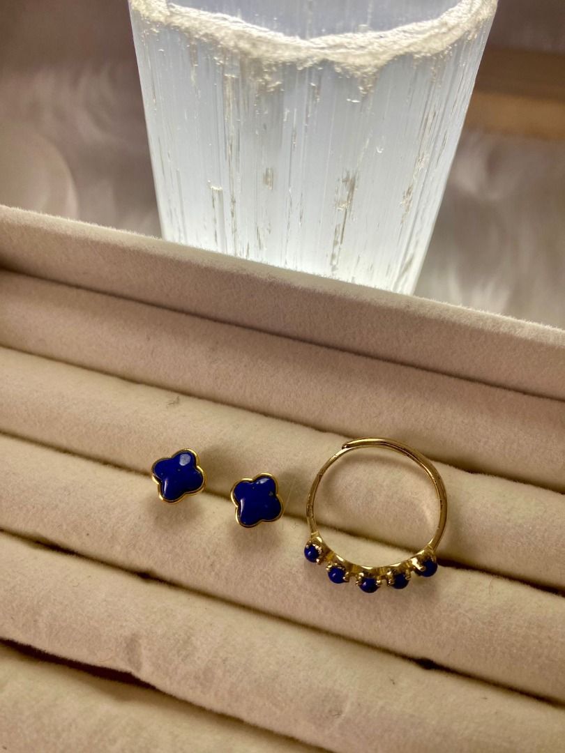 Lapiz Lazuli Set or per piece (Category: Precious Stones) located in Las Pinas. Submitted by _chic (Listing ID 1350350534, Image 2). Description: High-quality Lapiz Lazuli pieces in a gold-plated setting. 1. HQ Half eternity ring (s925 - adjustable) with certificate - 1100 2. Clover earrings (s925 - silicon lock) - 650 Emotional healing Can help release stress and bring peace and serenity Can promote emotional healing and expression Can help with