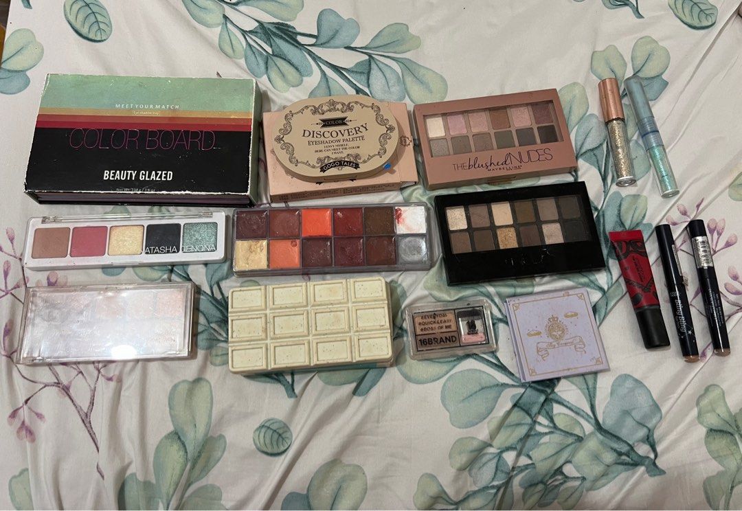 Makeup Eyeshadow Palettes (Category: Makeup) located in Antipolo. Submitted by mfasa1201 (Listing ID 1350243074, Image 1). Description: eyeshadows from left to right 1.) beauty glazed mood board 60 eyeshadow palette - 450 php 2.) gogo tales discovery eyeshadow palette - 280 php 3.) the blushed nudes by maybelline - 180 php 4.) glitter eyeshadow - 80 php 5.) bright blue two glitter and matte eyeshadow - 50 php 6.) natasha denona ultra pigmented pa