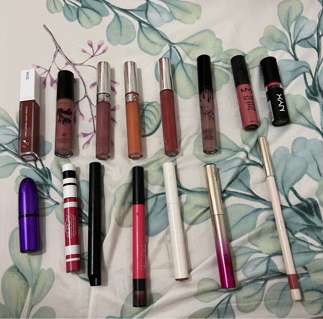 Makeup Lipstick (Category: Makeup) located in Antipolo. Submitted by mfasa1201 (Listing ID 1350247269, Image 1). Description: lipsticks batch 2 (can swatch) from left to right 1.) ofra long lasting liquid lipstick canyon shade (unused) - 280 php 2.) nude lips everyday love+ 02 (discontinued brand, used) - 80 php 3.) lumiere 2 matte (used) - 180 php 4.) dohee matte (unused) - 200 php 5.) bumble matte (used) - 180 php 6.) kylie matte lipstick (used