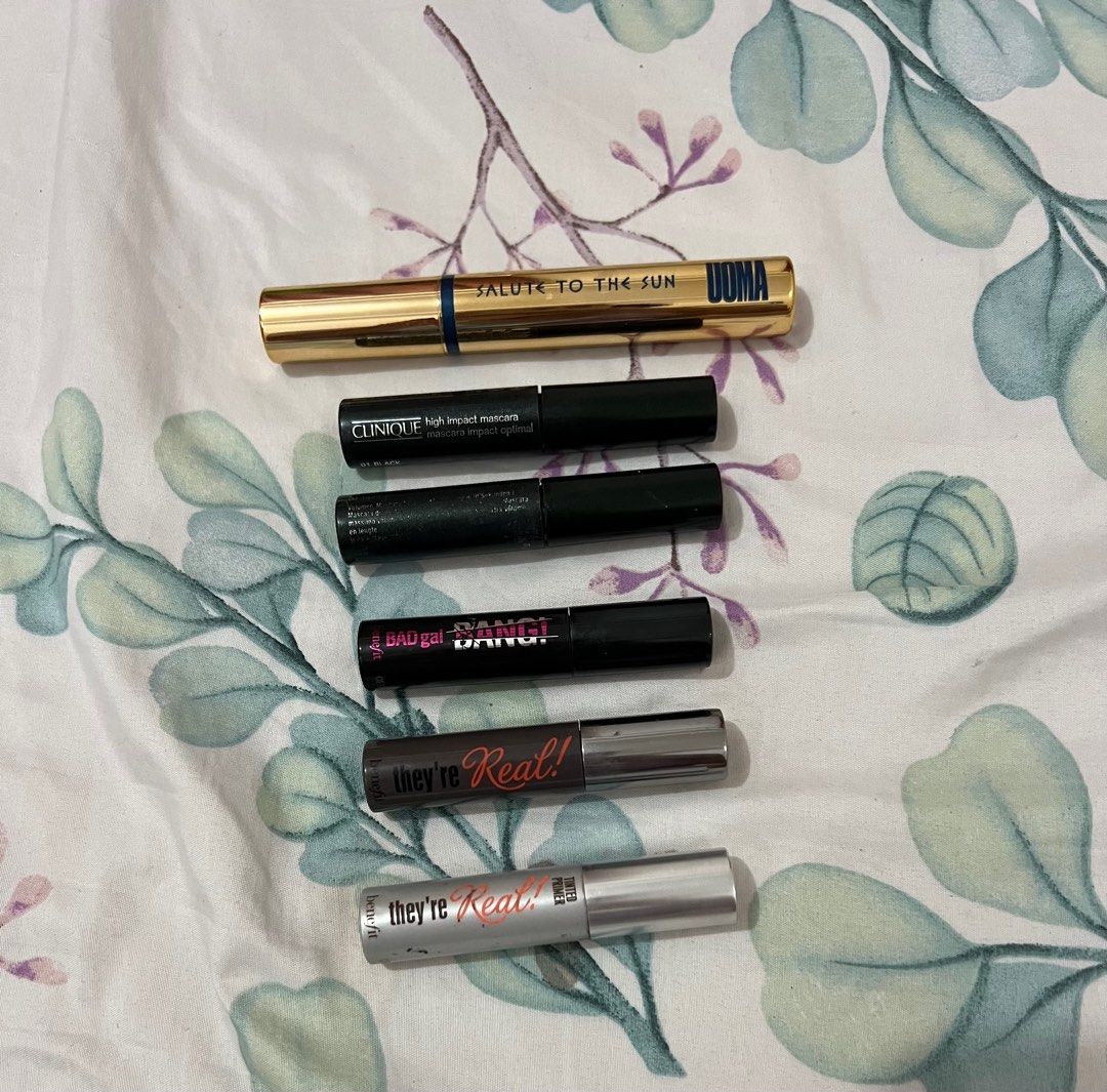 Makeup Mascara (Category: Makeup) located in Antipolo. Submitted by mfasa1201 (Listing ID 1350242575, Image 1). Description: mascaras from top to bottom 1.) salute to the sun by uoma (unused) - 400 php (orig price is 1.1k pesos) 2 - 3.) clinique high impact mascara (one is used, one is not) - 120 php 4.) benefit bad gal bang mascara (used) - 80 php 5.) benefit they're real mascara (used) - 80 php 6.) benefit they're real tinted primer (used) - 80