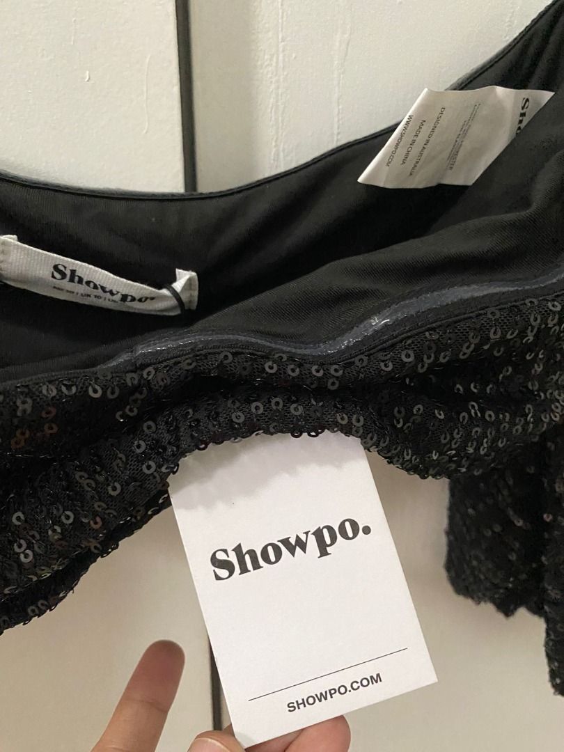 Showpo | Sequin Off-shoulder Top - Size M (Category: Blouses) located in Las Pinas. Submitted by _chic (Listing ID 1350359515, Image 2). Description: Sequin Puff Sleeve Top only. Size on tag: AU10/UK10/ US8/EU38 Fits Small to Medium.