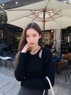 WWhitetale 知性露鎖骨交疊針織TOP 黑色64235806276225110