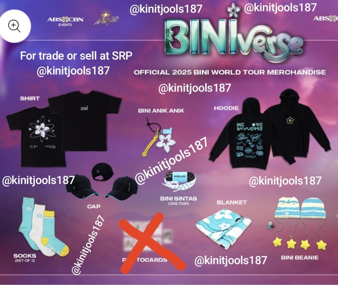 BINIVERSE WORLD TOUR MERCH TINGI TINGI FROM BUNDLE (Category: Looking For) located in Makati City. Submitted by kinitjools187 (Listing ID 1350529486, Image 1). Description: BINIVERSE WORLD TOUR TINGI TINGI MERCHANDISE. FOR SALE AT SRP but can be negotiable if buyer can trade photocards or other Bini merch. Considered for TRADING since size is SMALL for both hoodie and shirt..