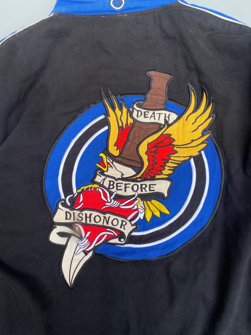 Embroidered Vintage Ed Hardy Varsity (Category: Coats, Jackets and Outerwear) located in Baguio. Submitted by thecollector2600 (Listing ID 1350472822, Image 3). Description: Amazing embroidery on the back and sleeves Issues: has tear on one of the sleeves and in front General wear Needs wash Fits XL to XXL Button down .
