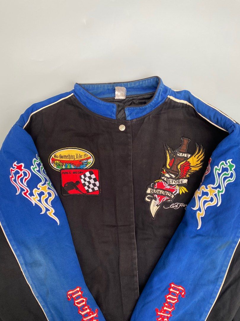 Embroidered Vintage Ed Hardy Varsity (Category: Coats, Jackets and Outerwear) located in Baguio. Submitted by thecollector2600 (Listing ID 1350472822, Image 2). Description: Amazing embroidery on the back and sleeves Issues: has tear on one of the sleeves and in front General wear Needs wash Fits XL to XXL Button down .