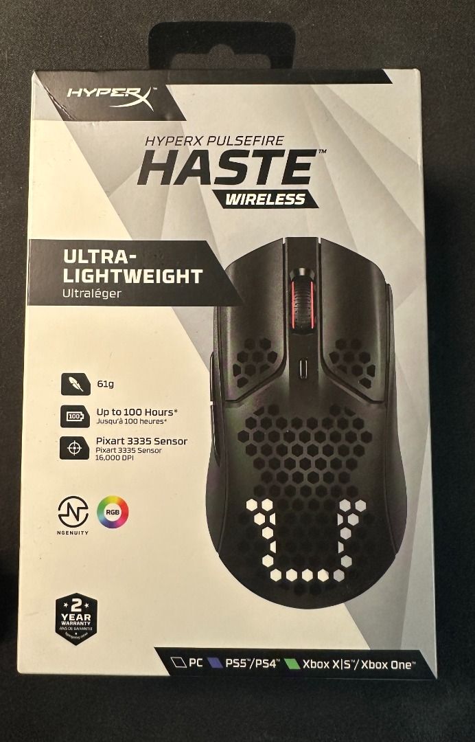 HyperX Pulsefire Haste WIRELESS Gaming Mouse (Category: Mouse & Mousepads) located in Quezon City. Submitted by jeps-sells (Listing ID 1350434104, Image 1). Description: - 61g with Pixart 3335 Sensor (up to 16,000 DPI) - 100 hours of battery life and RGB lighting - Compatible with PC, PS5/PS4, Xbox Series X|S/Xbox One **Condition: Well-used, scroll wheel issue, still functional for gaming and general use - Shipping: Buyer to cover (Grab, Lalamove