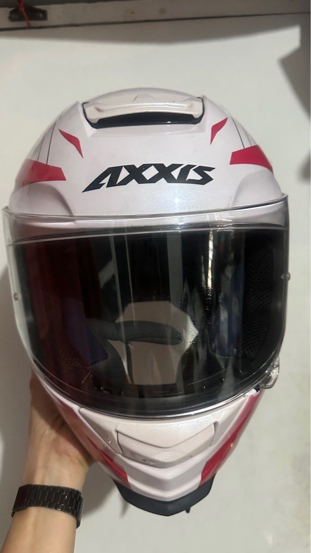 Axxis Spain Eagle Phaser OOAA Design Helmet in Pink (Category: Helmets and other Riding Gears) located in Cainta. Submitted by margtu (Listing ID 1345342050, Image 2). Description: Full face Single visor (comes with extra sun visor. Clear visor pre installed) With ECE Homologation DAXS- 00006 Size: MEDIUM 57-58 Inner pads are detachable and washable. Still intact and as thick as new. Rarely used. RFS: We have 4 extra helmets. HONEST ISSUES: light