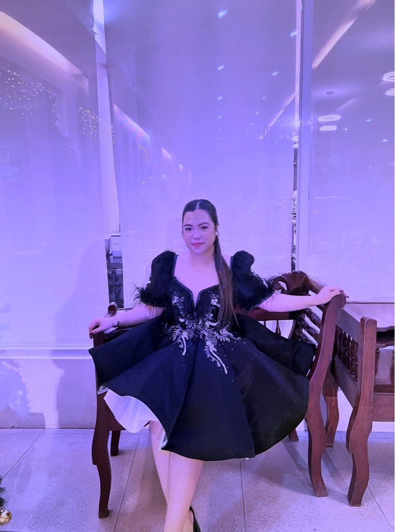 Black umbrella dress with filipiniana sleeves cocktail/gown with Feathers,  Women's Fashion, Dresses & Sets, Evening dresses & gowns on Carousell