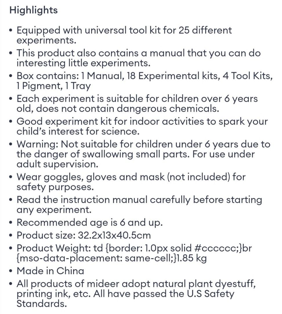 MiDeer Stem 25 Science Experiment Set (Category: Educational & Learning Toys) located in Manila. Submitted by berngkua (Listing ID 1345346068, Image 2). Description: 7 of the kits have already been opened and used. But you may still do the experiment since the materials are still there, except for the volcanic eruption kit since the baking soda and citric acid are already all used up..