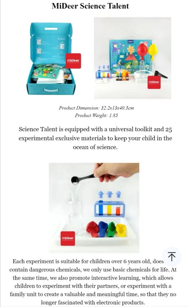 MiDeer Stem 25 Science Experiment Set (Category: Educational & Learning Toys) located in Manila. Submitted by berngkua (Listing ID 1345346068, Image 3). Description: 7 of the kits have already been opened and used. But you may still do the experiment since the materials are still there, except for the volcanic eruption kit since the baking soda and citric acid are already all used up..