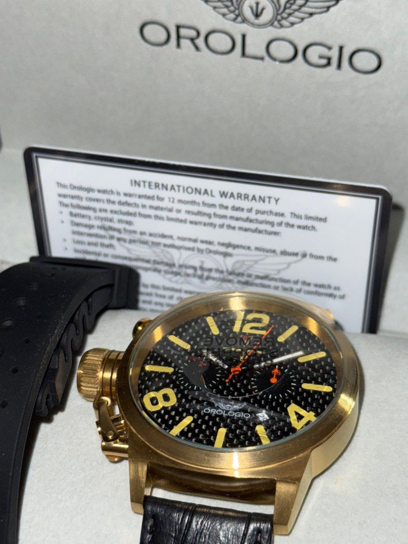 Monaco Racing Series Men’s Chronograph Watch (Category: Men's Watches) located in Manila. Submitted by adanielbm (Listing ID 1345365470, Image 2). Description: Brand: Orologio Australia Luxury Watch Model: 19820SSK Collection: Monaco Case Diameter: 48mm (excluding the crown) Material: Matte black stainless steel (high grade 304) case with rose gold plated crown and genuine carbon fibre dial Movement: Seiko VD53 Chronograph with date Water Resista