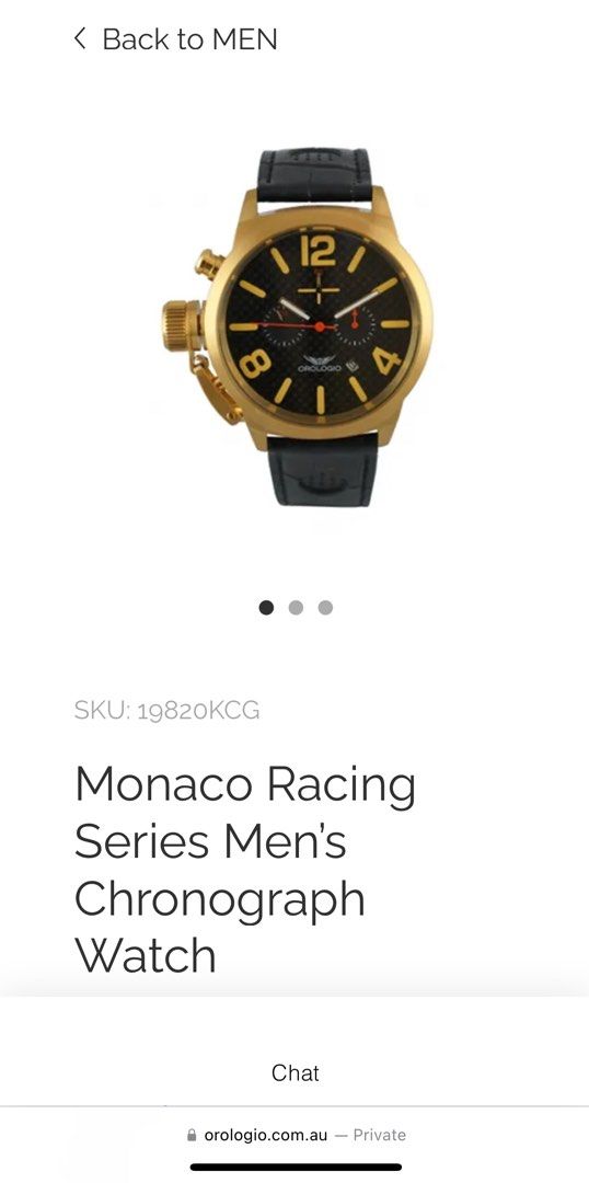 Monaco Racing Series Men’s Chronograph Watch (Category: Men's Watches) located in Manila. Submitted by adanielbm (Listing ID 1345365470, Image 1). Description: Brand: Orologio Australia Luxury Watch Model: 19820SSK Collection: Monaco Case Diameter: 48mm (excluding the crown) Material: Matte black stainless steel (high grade 304) case with rose gold plated crown and genuine carbon fibre dial Movement: Seiko VD53 Chronograph with date Water Resista