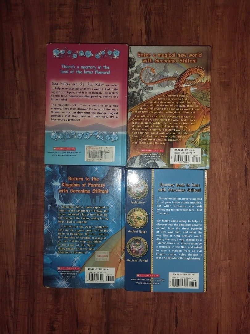 [ORIGINAL] Geronimo Stilton & Thea Stilton (Hardbound) (Category: Children's Books) located in Malabon City. Submitted by rang_ie (Listing ID 1345496287, Image 2). Description: TAKE ALL 4 BOOKS FOR ₱1,100 On book condition: - The JTT and QOP have a bit of a wobbly spine but in good condition, while SOTS and KOF are in mint condition (like new). Can do tingi: - The Journey Through Time (₱300) - The Quest of Paradise (₱300) - The Secret of the Snow