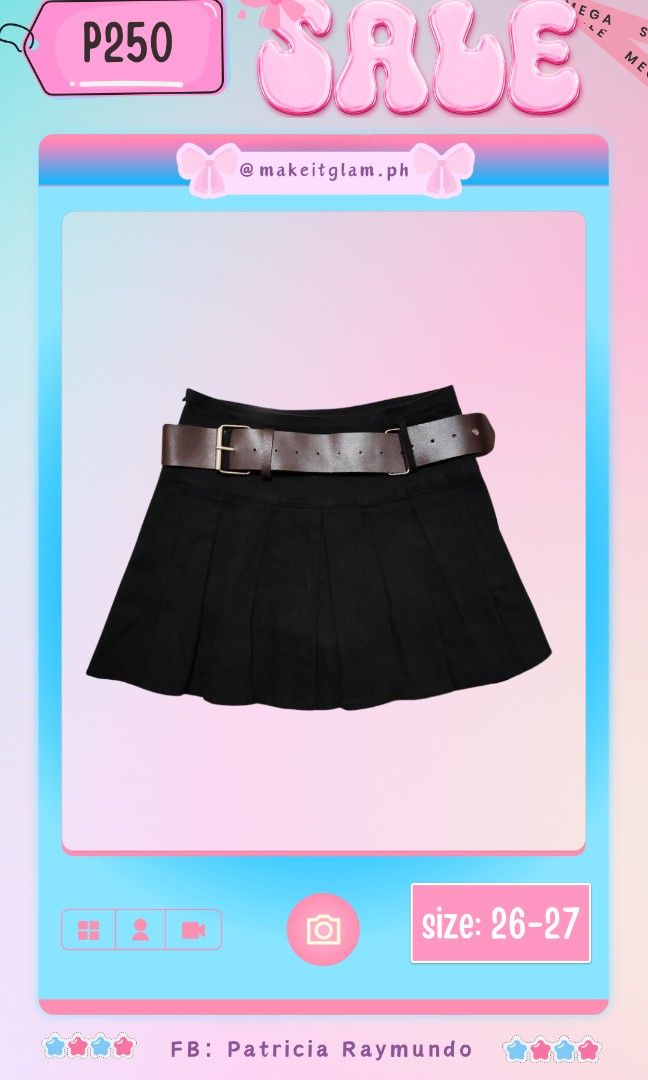 Y2K Mini Black Skirt with Belt (Category: Skirts) located in Rizal. Submitted by makeitglam.ph (Listing ID 1345433282, Image 1). Description: Y2K Mini Black Skirt with Belt size:26-27.