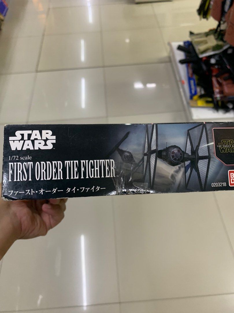 Bandai 1:72 scale First Order Tie Fighter Model kit from Starwars (Category: Gundam & Model Kits) located in Iloilo. Submitted by EyanParrenas18 (Listing ID 1345675119, Image 2). Description: Bandai 1:72 scale First Order Tie Fighter Model kit from Starwars •BRANDNEW •Year 2015, Made in Japan, Complete •Condition of box - (9/10).
