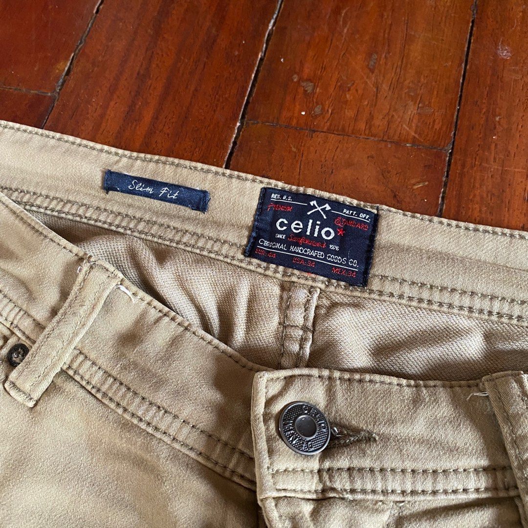 Celio biker pants (Category: Jeans) located in Naga. Submitted by decluttertingz_ (Listing ID 1345645220, Image 2). Description: Celio biker pants (khaki) Size 34 9/10 Actual measurements: Waist: 17.5” Thigh: 12” Knee: 9” Hem: 7.5” Length: 44”.