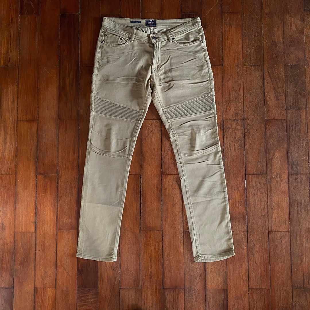 Celio biker pants (Category: Jeans) located in Naga. Submitted by decluttertingz_ (Listing ID 1345645220, Image 1). Description: Celio biker pants (khaki) Size 34 9/10 Actual measurements: Waist: 17.5” Thigh: 12” Knee: 9” Hem: 7.5” Length: 44”.